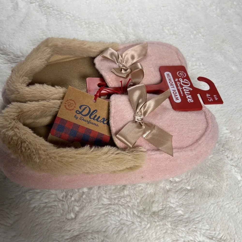 Dluxe by Dearfoams Kids Pink Memory Foam Slippers Bows Size 4‎ 5 NWT
